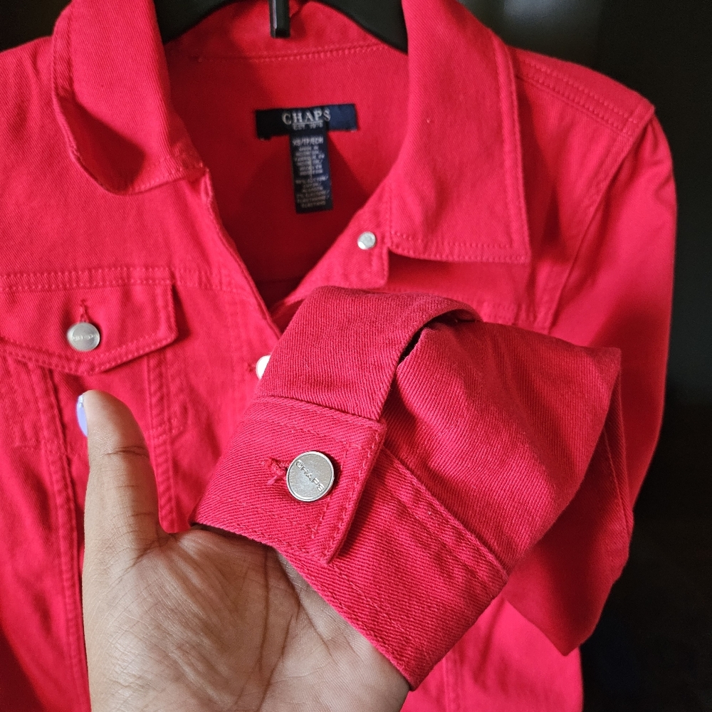 Chaps Red Denim Jacket Collared Buttoned Down Wom… - image 5